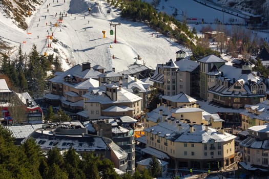 panoramic aerial view of the infrastructure of the ski resort in sierra nevada,granada,spain, temporary seasonal concept, hotel services, stores etc.