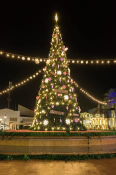 Beautiful christmas tree in a town square at night.