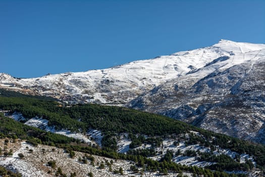 panoramic view of ski resort in sierra nevada, skiers along the slopes,