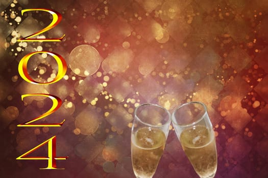 new year 2024, gold text on red background and out-of-focus lights, with toast with champagne flutes,
