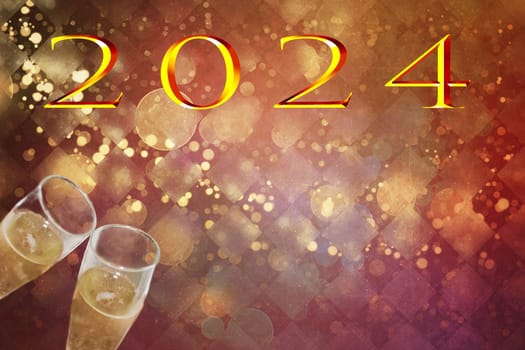 new year 2024, gold text on red background and out-of-focus lights, with toast with champagne flutes,