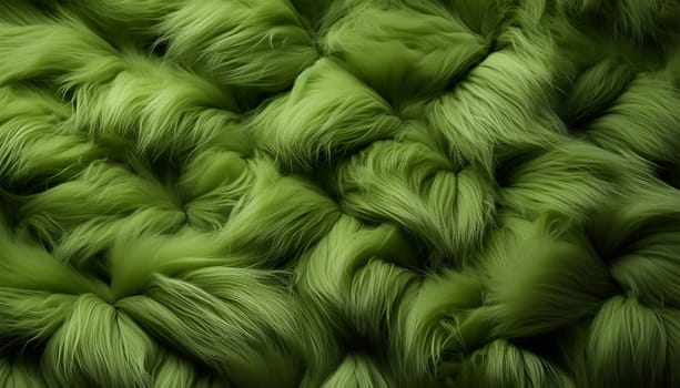 A close-up of an green fake fur background texture. Abstract fabric wool colorful nature grass green fluffy close up