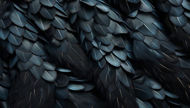 close up of texture black feathers background Abstract Animal feather Exotic tropical design Bird wing dark blue and black patter beauty