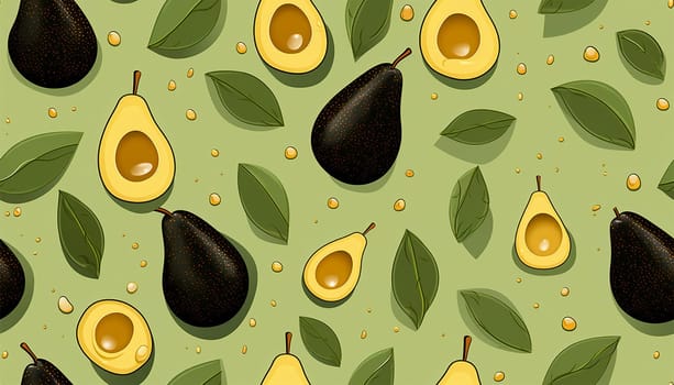 Ripe, juicy avacado in a cut with leaves, geometric seamless pattern on a white background, Pattern for printing on fabrics, festive and confectionery packaging, wallpaper, wrapping and scrap. Healthy