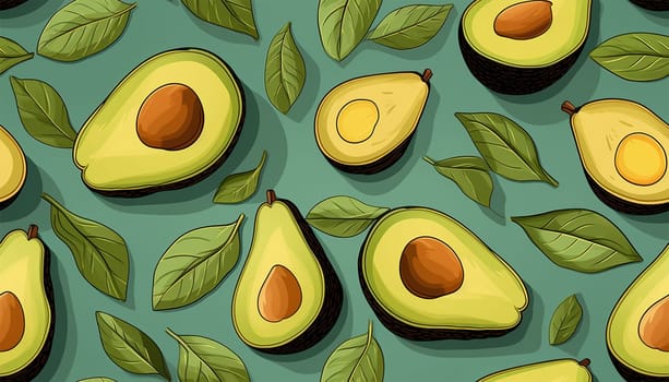 Ripe, juicy avacado in a cut with leaves, geometric seamless pattern on a white background, Pattern for printing on fabrics, festive and confectionery packaging, wallpaper, wrapping and scrap. Healthy