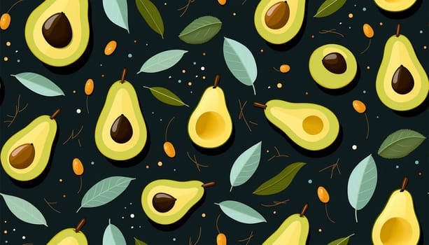 Ripe, juicy avacado in a cut with leaves, geometric seamless pattern on a white background, Pattern for printing on fabrics, festive and confectionery packaging, wallpaper, wrapping and scrap. Healthy