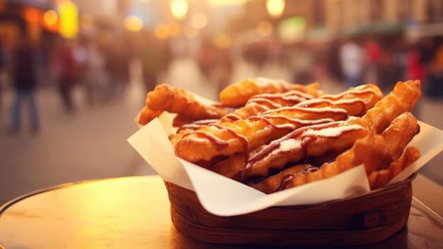 Paper bag full of tasty handmade churros. Concept of typical dessert of Spain. Street food, blurred city on background AI