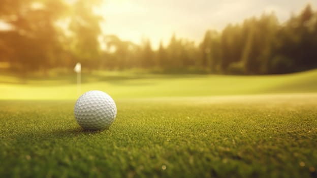 Green grass with golf ball close-up in soft focus at sunlight. Sport playground for golf club concept AI