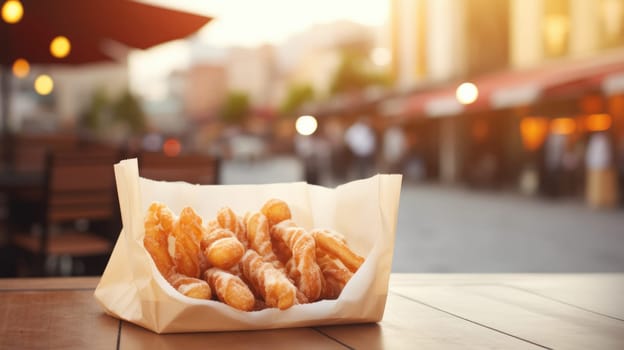 Paper bag full of tasty handmade churros. Concept of typical dessert of Spain. Street food, blurred city on background AI