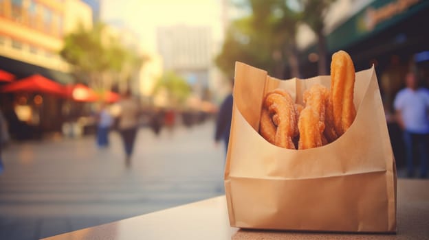 Paper bag full of tasty handmade churros. Concept of typical dessert of Spain. Street food, blurred city on background AI