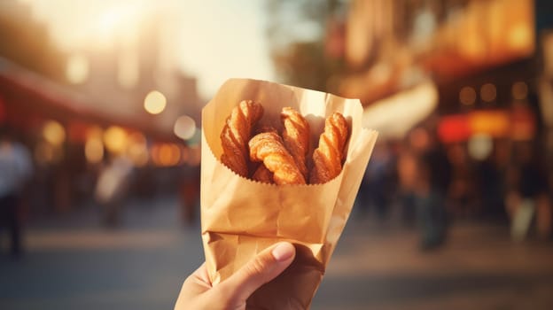 Paper bag full of tasty handmade churros. Concept of typical dessert of Spain. Street food, blurred city on background AI
