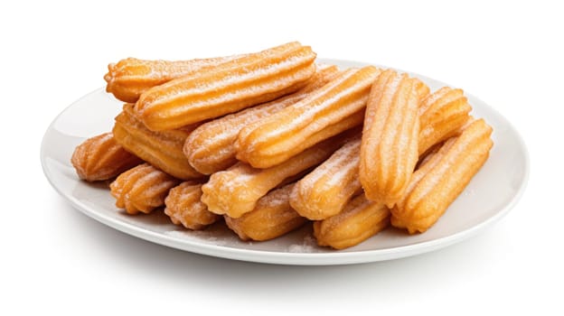 Plate with churros typical of Spain on a white background. AI