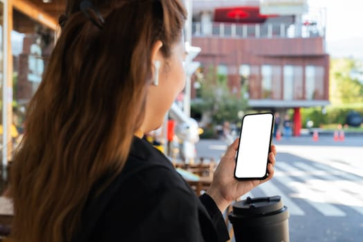 Business woman use mobile phone on city streets. Isolated screen for mockup, app or responsive website presentation.