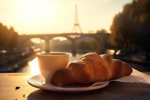 eatery cup breakfast travel french food paris bakery drink nobody france plate table landmark bar tower croissant bread hot dessert. Generative AI.