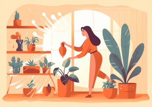 woman home green girl gardener work flower florist houseplant entrepreneur home pot occupation hobby happy botanist freelancer garden calm indoor lifestyle leaf. Generative AI.