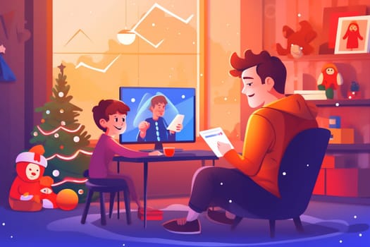 cyberspace present gift fun screen christmas baby holiday chat illustration couch event home person happy laptop child video computer cute. Generative AI.