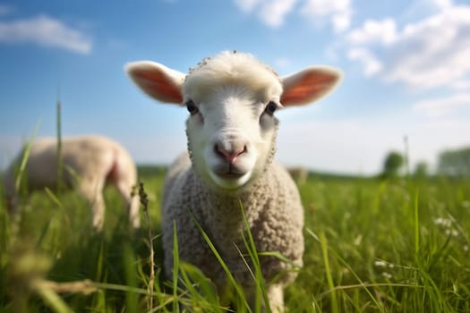 farm countryside animal baby animal sheep day lamb cute green wool sun spring pasture meadow sky farm field young grass nature. Generative AI.