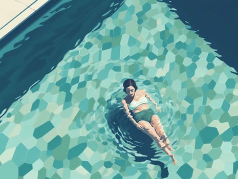 woman sun flat design blue pool view summer character holiday rest water girl female summertime travel young illustration leisure swim person top. Generative AI.