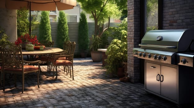 BBQ Backyard with table and chairs, grill. Backyard picnic area AI