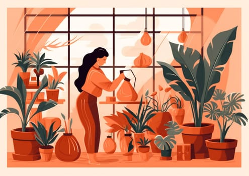 botanist woman pot potted calm cultivation girl hobby person house lifestyle flower growing indoor room florist houseplant green entrepreneur gardener character. Generative AI.