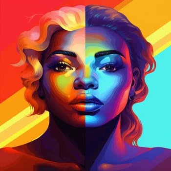 person woman red rainbow black colourful afro face portrait neon eye illustration glamour fashion hair paint lip cartoon art listen colours. Generative AI.