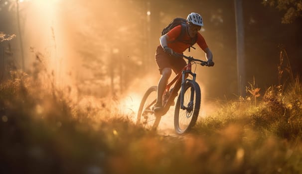 woman bicyclist riding sport dark mountain nature bicycle forest cycling walking biker recreation green active summer tree bike activity young sunset. Generative AI.