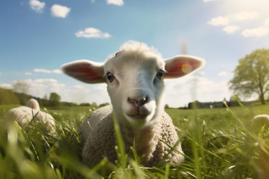 green spring pasture sheep farmland sunlight nature sun countryside wool field rural lamb outdoor beautiful meadow animal yellow grass farm. Generative AI.