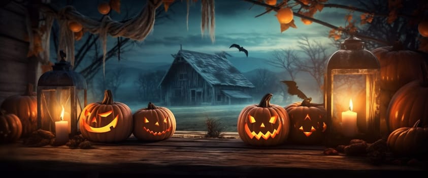 moon halloween light silhouette black mystery pumpkin forest spooky night creepy glowing table background horror evil jack card fear blue tree. Generative AI.