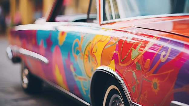 Car with a decal photo realistic illustration - Generative AI. Retro, car, decal, stripes, colorful.