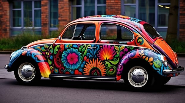 Car with a colorful decal photo realistic illustration - Generative AI. Car, back, decal, colorful, pattern.