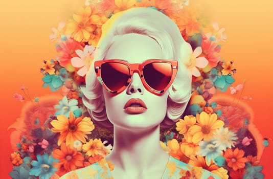 retro woman lady trendy femininity art design flower concept poster pop fashion face floral young colourful contemporary trend abstract fantasy portrait. Generative AI.