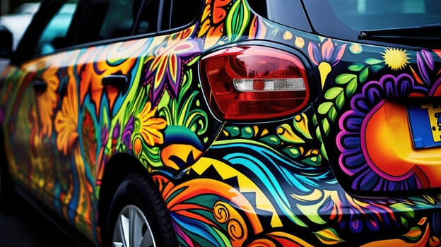 Car with a colorful decal photo realistic illustration - Generative AI. Car, back, decal, colorful, pattern.