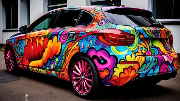 Car with a colorful decal photo realistic illustration - Generative AI. Car, back, decal, colorful, pattern.