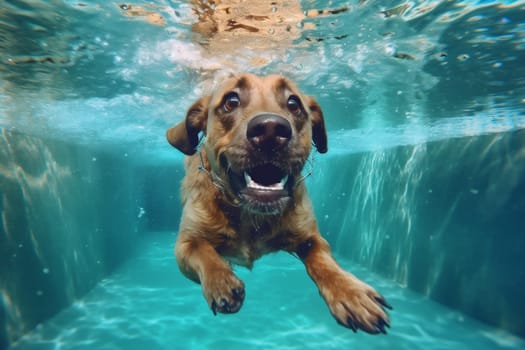 canine dog vacation fit water underwater summer snorkeling dive pool funny jump happy play fun action swim puppy holiday swimming. Generative AI.