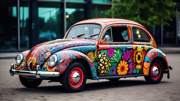 Car adorned with a decal photo realistic illustration - Generative AI. Vintage, car, decal, flowers, street.