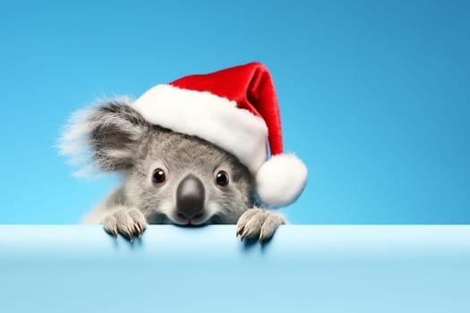 Funny Koala in a Santa Claus hat on a blue background. New Year or Christmas concept. Christmas banner with koala animal and copy space.