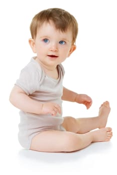 Cute, youth and happy with baby on floor of studio for curious, child development and learning. Explore, smile and young with infant crawling in white background for toddler, innocence and health.