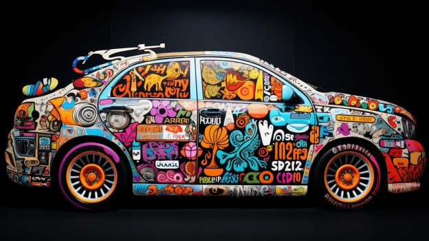 Decal diversity photo realistic illustration - Generative AI. Hippie, car, decal, colorful.