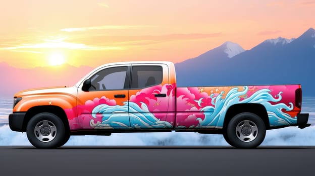 Decal durability photo realistic illustration - Generative AI. Wagon, car, decal, sunset, mountain.