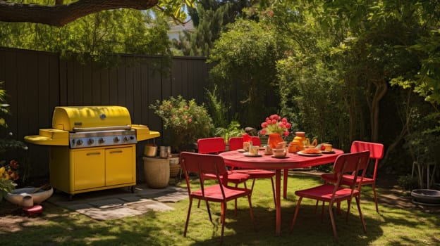 BBQ Backyard with table and chairs, grill. Backyard picnic area AI