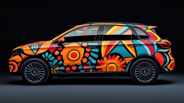 Car with geometric decal photo realistic illustration - Generative AI. Car, colorful, geometric, sticker, decal.