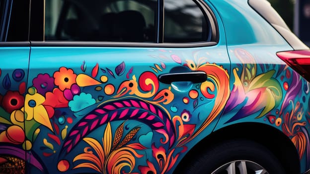 Car with colorful decal photo realistic illustration - Generative AI. Auto, bright, decal, street.