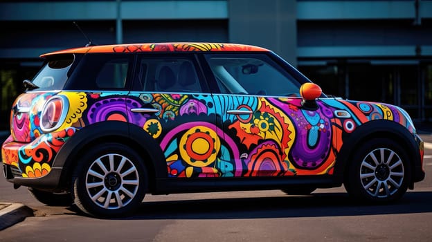 Car with colorful decal photo realistic illustration - Generative AI. Auto, bright, decal, street.
