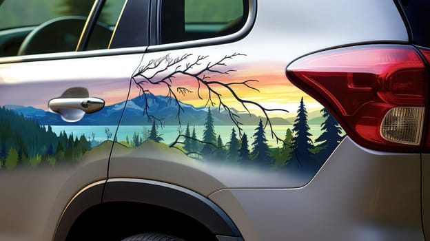 Nature-inspired decal photo realistic illustration - Generative AI. Car, back, nature, landscape, decal.