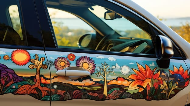 Nature-inspired decal photo realistic illustration - Generative AI. Car, back, nature, landscape, decal.