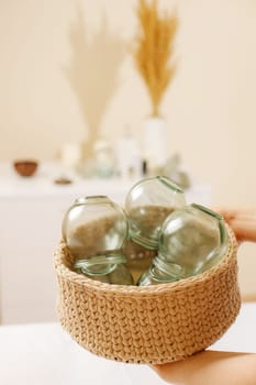 Vacuum therapy, glass cups in a basket