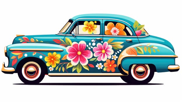 Retro vibes cartoon illustration - Generative AI. Retro, car, flowers, sticker, decal.