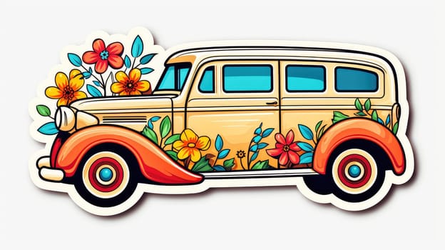 Retro vibes cartoon illustration - Generative AI. Retro, car, flowers, sticker, decal.