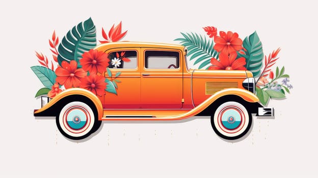 Retro vibes cartoon illustration - Generative AI. Retro, car, flowers, sticker, decal.