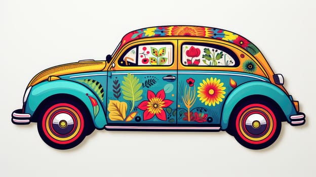 Retro vibes cartoon illustration - Generative AI. Retro, car, flowers, sticker, decal.